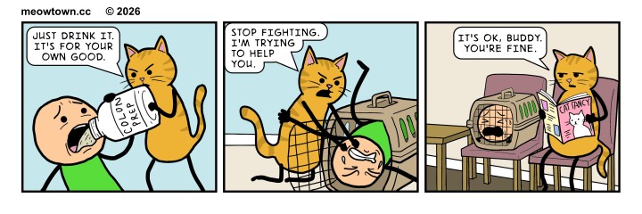 A three-panel MeowTown comic where Cheddar (the orange tabby cat) plays caretaker for his human's colonoscopy procedure. Panel one: Cheddar, standing upright, forces a bottle labeled 'COLON PREP' into the mouth of a person in a green shirt, saying, 'Just drink it. It's for your own good.' Panel two: Cheddar wrestles the person into a pet carrier, scolding, 'Stop fighting. I'm trying to help you.' Panel three: The person is sealed inside the carrier on a chair in the clinic waiting area, looking miserable through the grate. Cheddar sits calmly in the next chair reading a magazine titled 'CAT FANCY,' and says without looking up, 'It's ok, buddy. You're fine.' The joke: every indignity cats endure at the vet, played back at the human in role-reversal.