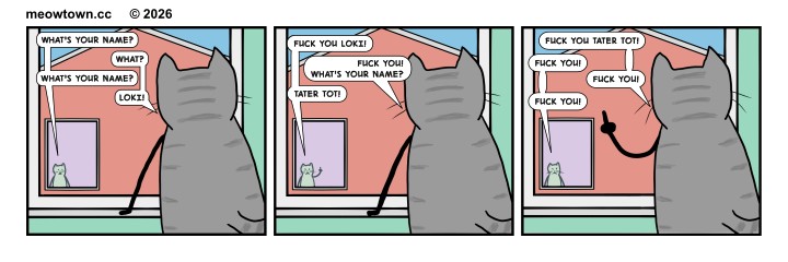 A three-panel MeowTown interpretation of the viral Tony and Ezekiel video, recast with Loki (a gray tabby cat) and Tater Tot (a buff tabby cat) shouting at each other from their respective houses. Loki sits indoors at his window in the foreground, looking out toward Tater Tot, visible through the window of the house across the way. Panel one: Tater Tot calls out, 'What's your name?' Loki replies, 'What?' Tater Tot repeats, 'What's your name?' Loki answers, 'Loki!' Panel two: Tater Tot shouts, 'Fuck you, Loki!' Loki fires back, 'Fuck you! What's your name?' Tater Tot answers, 'Tater Tot!' Panel three: Loki yells, 'Fuck you, Tater Tot!' Both cats then trade 'Fuck you!' back and forth across the gap between their windows.